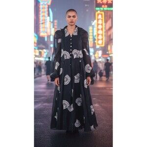 Black trumpet sleeve gossamer shimmer Wednesday Addams Prom dress faux pearls